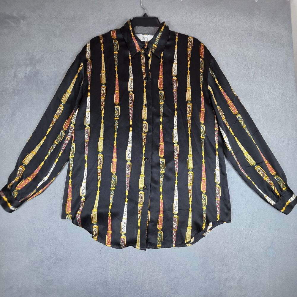 ISHYU Vintage 90s Silk Blouse Womens Size 14 Black Baroque Vertical Stripe Butto